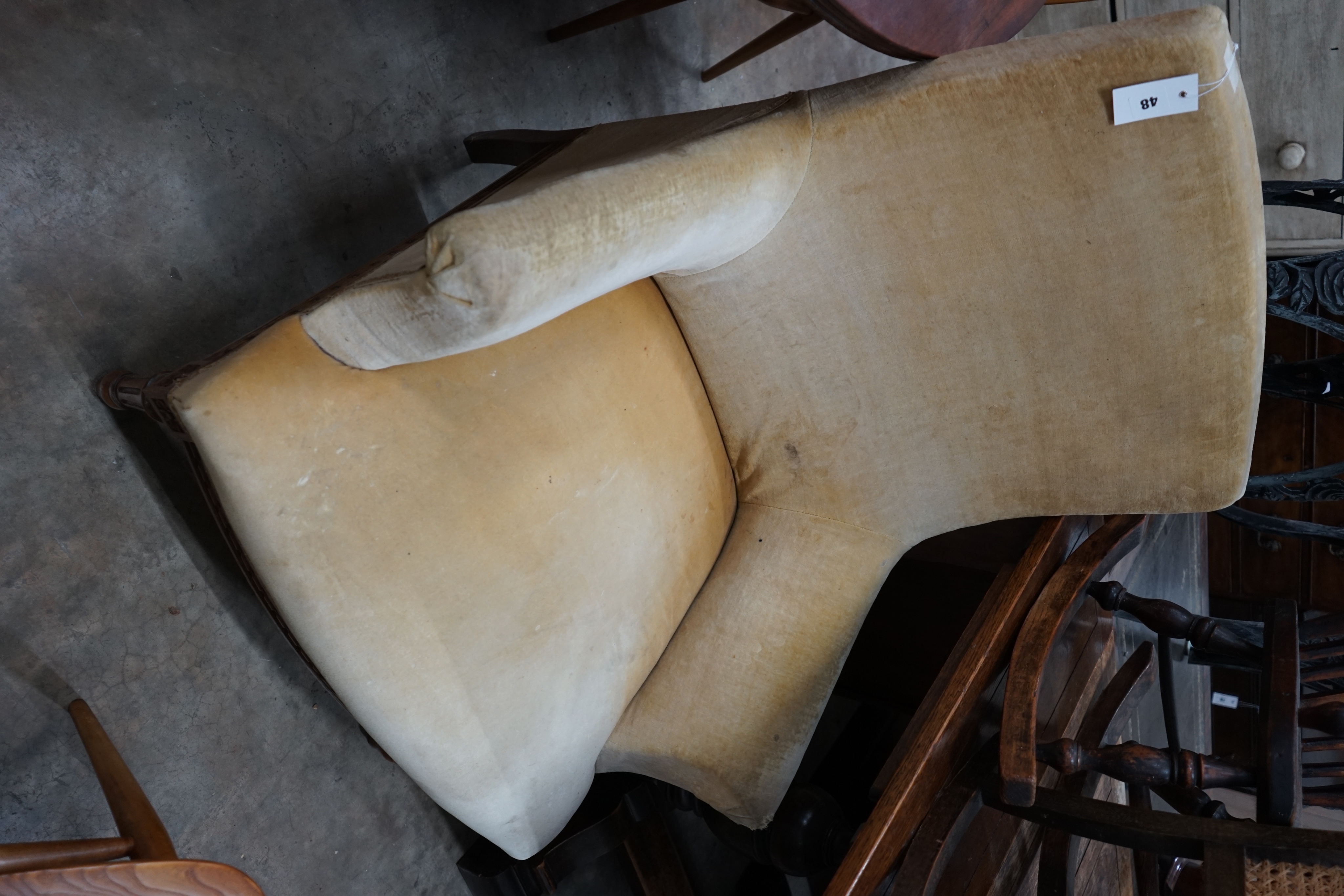 A late 19th century French carved beech upholstered armchair, width 80cm depth 70cm height 96cm